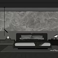Modern Bedroom With Grey Stone Accent Wall Large Bed Nightstands With Lamps And Open Wardrobe