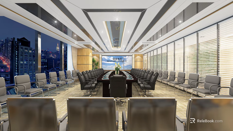 Modern Conference Room With Long Table Black Chairs And City Night View 3d model 