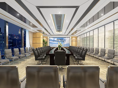 Modern Conference Room With Long Table Black Chairs And City Night View 3d model