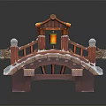 Traditional Chinese Architectural Bridge Model With Curved Roofs Red Gold Decorations And Stone Railings