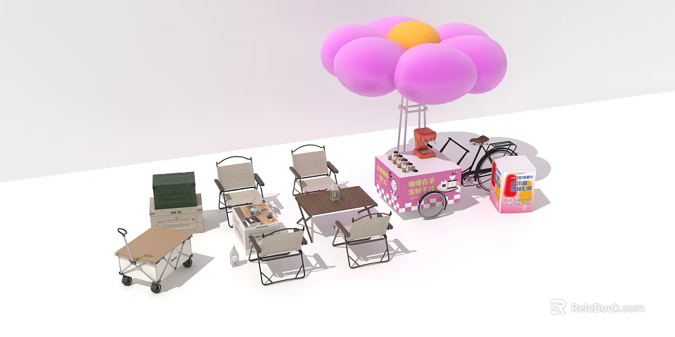 Outdoor Setup With Pink Flower Shaped Canopy Foldable Tables Chairs Green Box Bicycle And Packages 3d model 