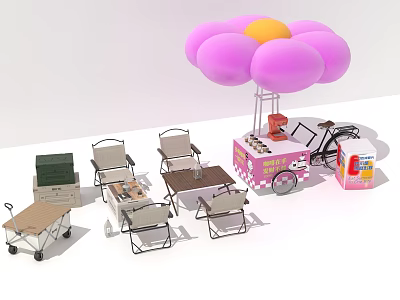 Outdoor Setup With Pink Flower Shaped Canopy Foldable Tables Chairs Green Box Bicycle And Packages 3d model