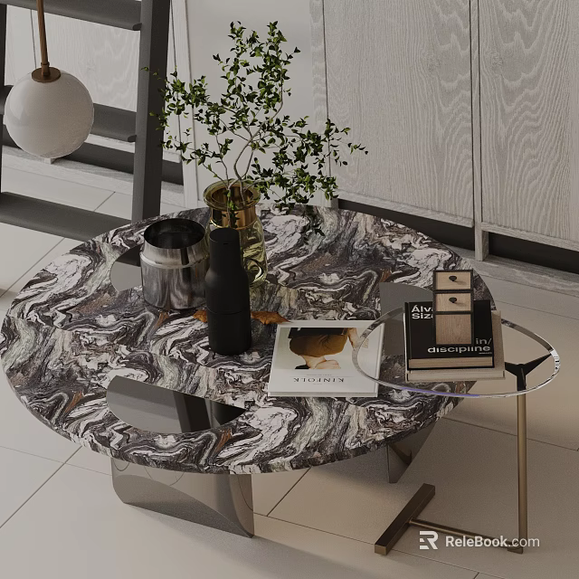 Modern Sofa and Coffee Table Set with Marble Top and Stylish Decor Items 3d model