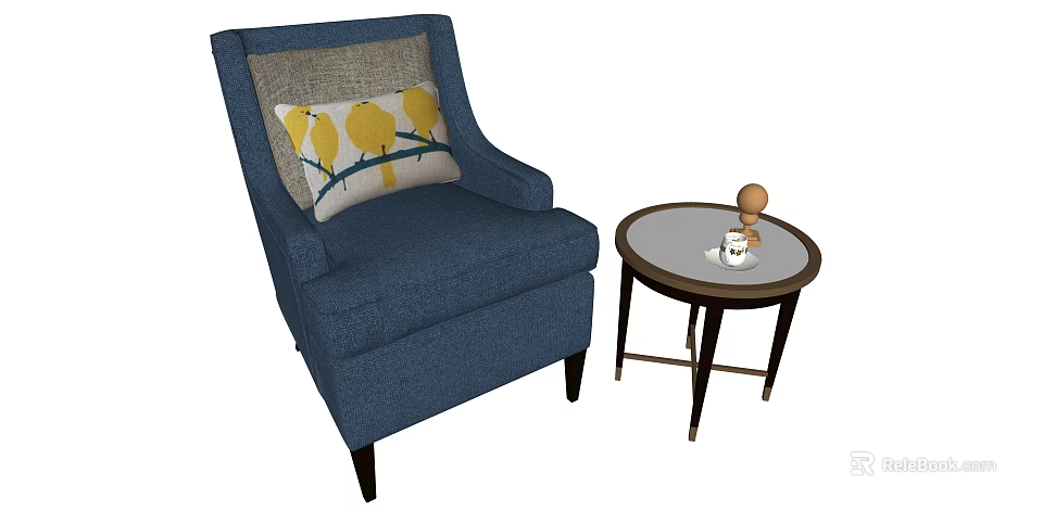 Blue Single Sofa with Yellow Bird Pattern Cushion and Round Side Table 3d model