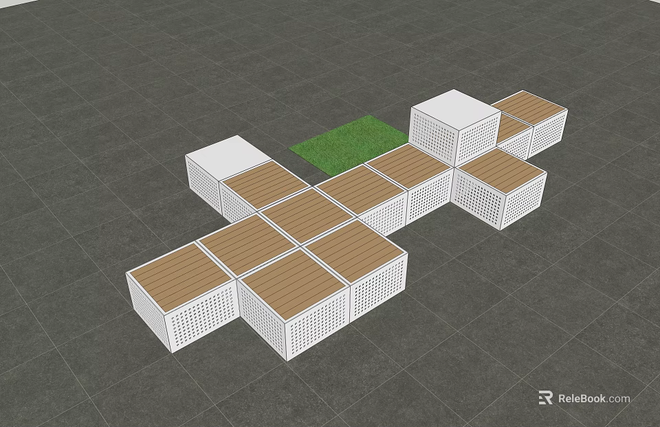 Modular Outdoor Structure With White Cubes Wooden Panels And Green Grass Area 3d model 