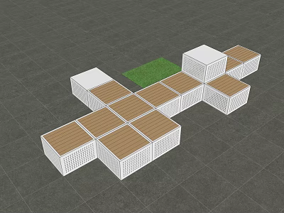 Modular Outdoor Structure With White Cubes Wooden Panels And Green Grass Area 3d model