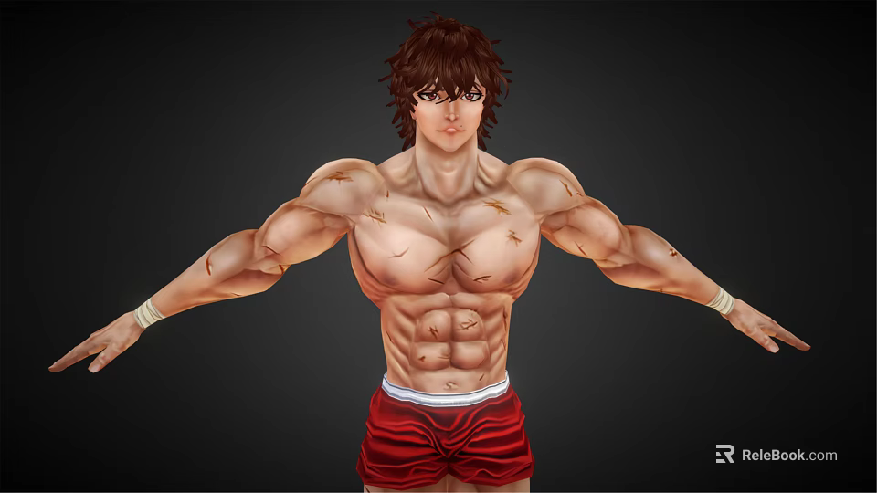 Muscular Male Character With Red Shorts And Outstretched Arms Showing Chest Marks And Defined Abs 3d model 