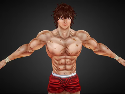 Muscular Male Character With Red Shorts And Outstretched Arms Showing Chest Marks And Defined Abs 3d model