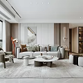 Modern Open Concept Living and Dining Room with Gray Sofa Dining Table and Pendant Lights