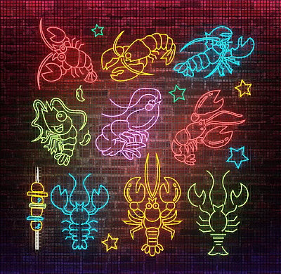 Colorful Neon Decorative Lights With Seafood Designs Lobsters Shrimps Squid Against Brick Wall Star Accents 3d model