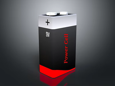 9V Power Cell Battery with Black Red White Design Plus Sign on Dark Background 3d model