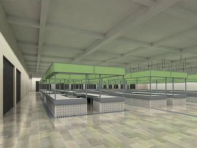 Modern Supermarket Retail Space With Green Canopies Spacious Aisles Shelving Units And Tiled Floor 3d model