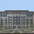 Modern Mid Rise Residential Building Exterior With Balconies Greenery And Fountains