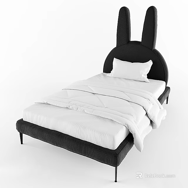 Modern Kids Bed With Rabbit Ear Headboard Black Frame White Mattress And Pillow 3d model 