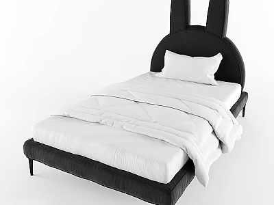 Modern Kids Bed With Rabbit Ear Headboard Black Frame White Mattress And Pillow 3d model