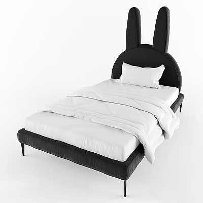 Modern Kids Bed With Rabbit Ear Headboard Black Frame White Mattress And Pillow 3d model