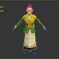 Elderly woman in green top yellow scarf white floral apron with arms outstretched