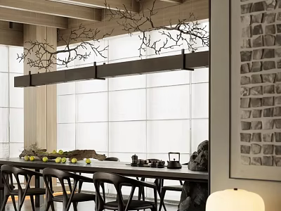 Serene Tea Room Interior With Wooden Ceiling Branch Chandelier Long Table And Tea Sets 3d model