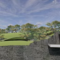 Garden Landscape Design Featuring Trees Paved Pathway Wooden Pavilion and Water Feature