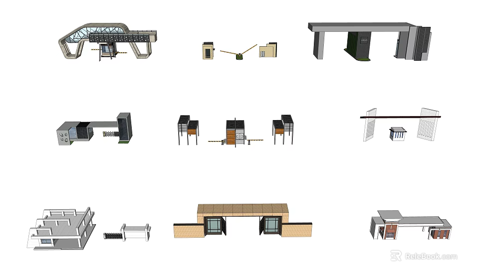 Modern Entrance Gate Design with Canopy Columns Glass Elements and Lighting 3d model 