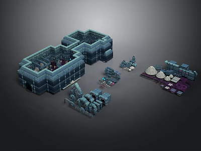 3D Model Scenery of Castle Fortress Structure With Blue Grey Blocks And Scattered Small Components 3d model