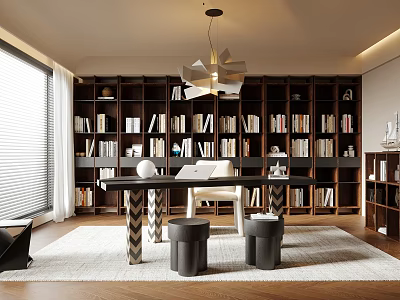 Modern Study Room Interior Design With Large Bookshelves Filled With Books Wooden Desk And Chandelier 3d model