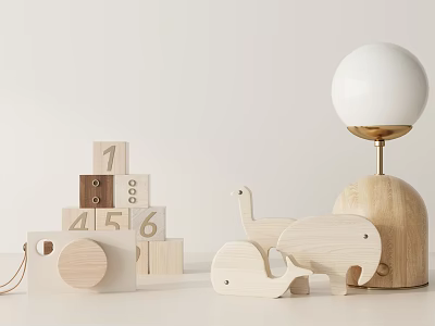 Minimalist Decorative Ornament Set With Wooden Number Blocks Animal Figurines And White Gold Table Lamp 3d model