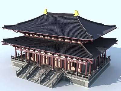 Traditional Ancient Chinese Architecture With Two Story Black Roof Yellow Ornaments And Red Columns 3d model