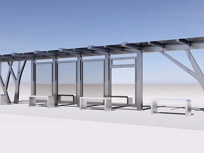 Contemporary Bus Station With Metal Roof Structure Transparent Glass And Benches 3d model