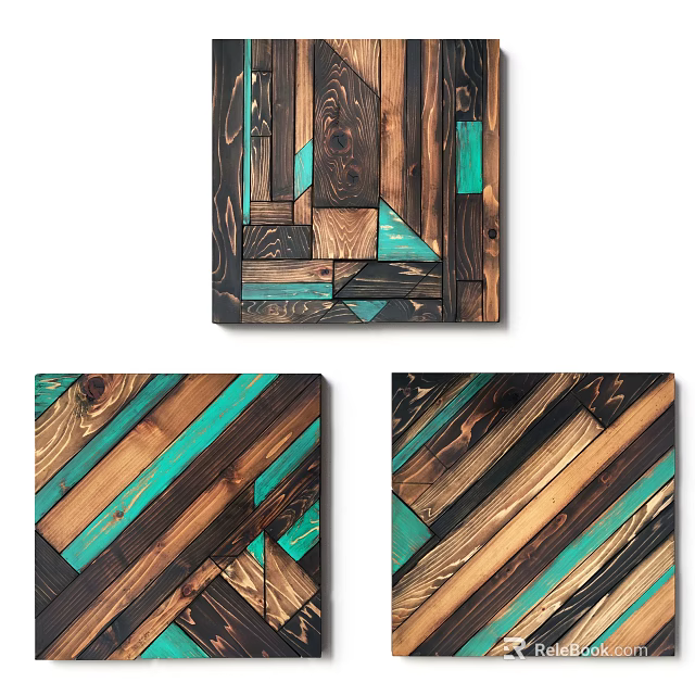Wooden Wall Decor with Teal Geometric Patchwork and Diagonal Wood Design Patterns 3d model