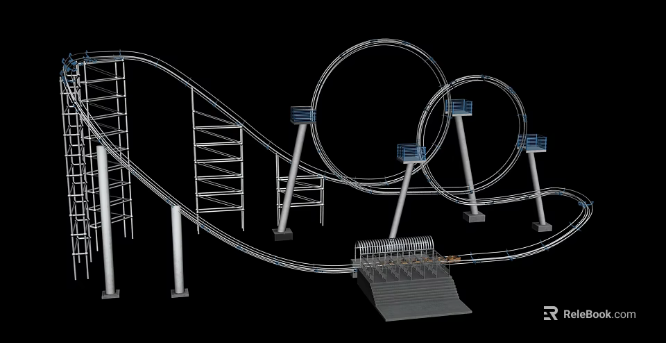 Thrilling Amusement Park Roller Coaster With Steel Track Loop Structures Support Frames And Platform 3d model 