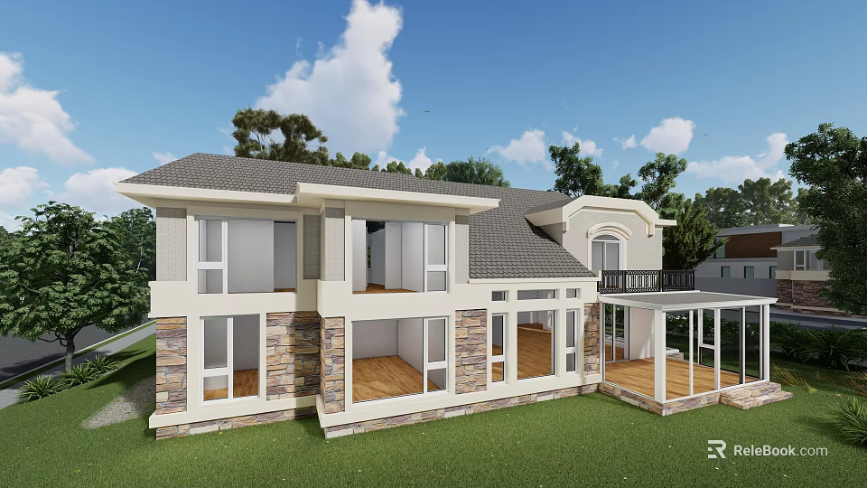 Two Story Detached Villa With Gray Roof Stone Wood Exterior Green Lawn And Trees 3d model 