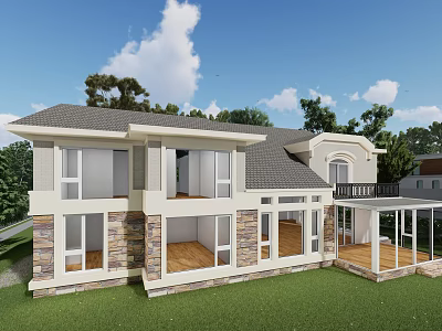 Two Story Detached Villa With Gray Roof Stone Wood Exterior Green Lawn And Trees 3d model