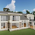 Two Story Detached Villa With Gray Roof Stone Wood Exterior Green Lawn And Trees