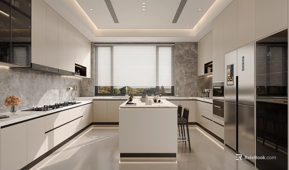 Modern Kitchen Interior With White Cabinets Island Marble Walls And Stainless Steel Appliances 3d model 