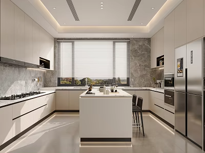 Modern Kitchen Interior With White Cabinets Island Marble Walls And Stainless Steel Appliances 3d model