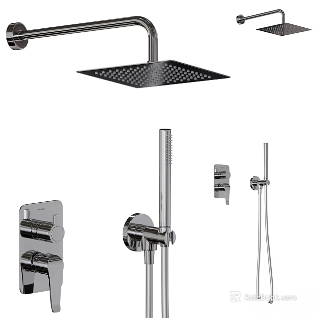 Modern Chrome Bathroom Faucet with Shower Head and Control Valves Set 3d model 