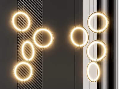 Modern Circular Chandeliers Design With Illuminated Rings And Dark Striped Walls 3d model