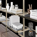 Modern Brass Frame Bookshelf with Multiple Shelves Walnut Drawers and Decorative Items 3d model
