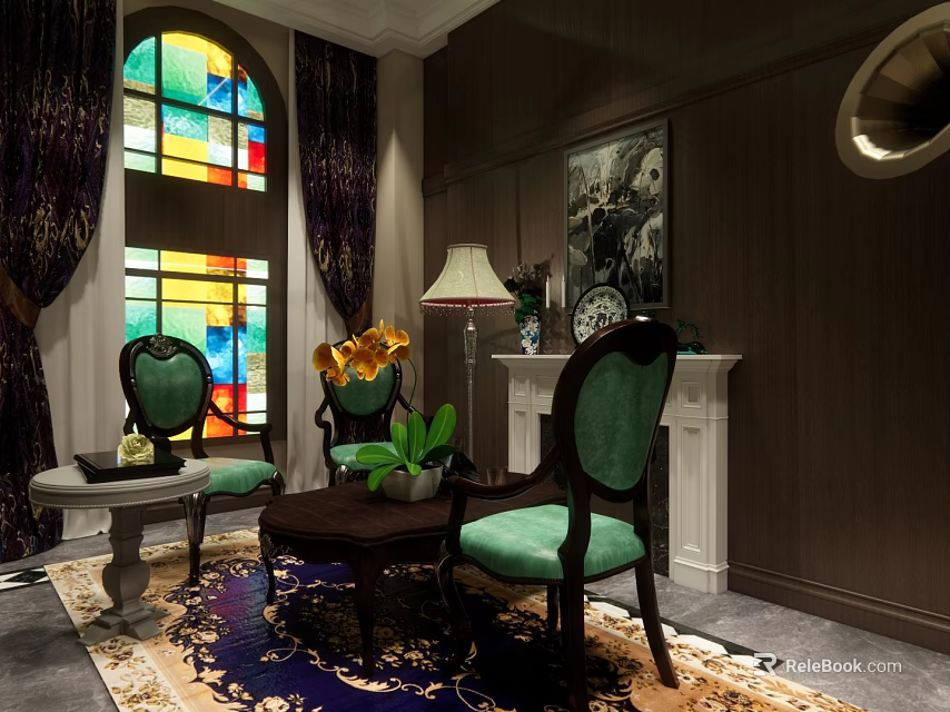 Green Upholstered Chairs And Coffee Table With Stained Glass Window Dark Brown Walls And Fireplace 3d model 