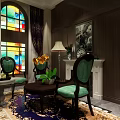 Green Upholstered Chairs And Coffee Table With Stained Glass Window Dark Brown Walls And Fireplace
