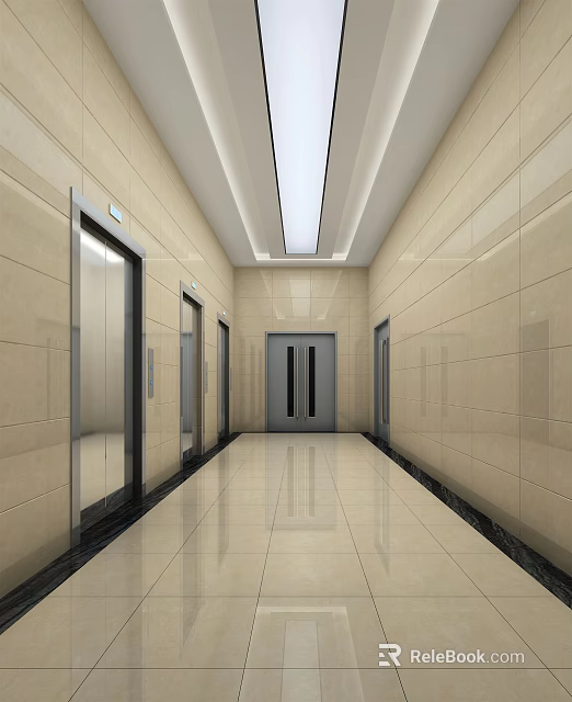 Modern Elevator Lobby With Polished Floor Tile Walls And Recessed Ceiling Lights 3d model