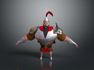3D Cartoon Warrior Character With Red Plume Helmet Armor Beard And Outstretched Arms 3d model