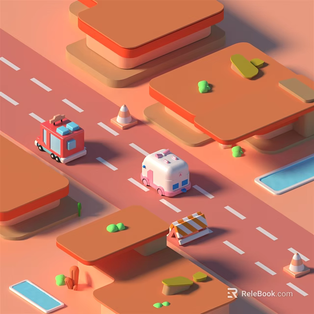 Cartoon Street Scene With Red Fire Truck White Camper Van Small Buildings And Traffic Cones 3d model 