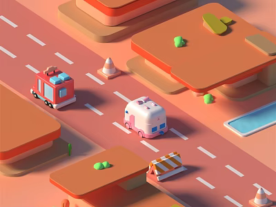 Cartoon Street Scene With Red Fire Truck White Camper Van Small Buildings And Traffic Cones 3d model