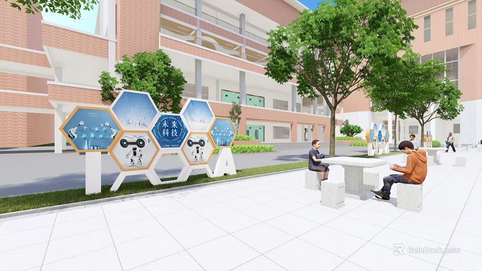 Campus Garden Landscape With Hexagonal Display Boards Trees And Stone Benches 3d model 