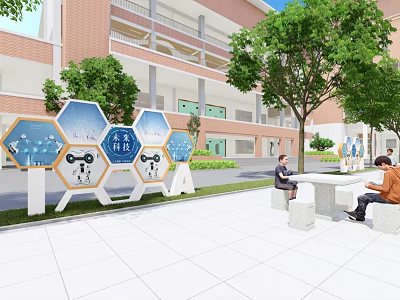 Campus Garden Landscape With Hexagonal Display Boards Trees And Stone Benches 3d model