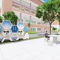 Campus Garden Landscape With Hexagonal Display Boards Trees And Stone Benches 3d model