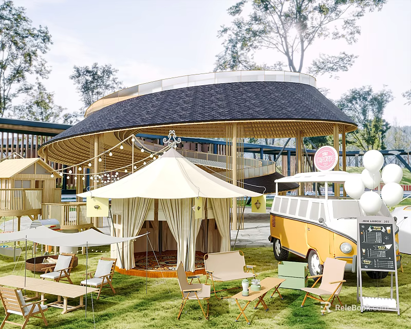 Scenic Campsite With Canvas Tent Vintage Van Outdoor Tables Chairs Green Grass And Trees 3d model 