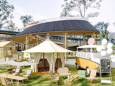 Scenic Campsite With Canvas Tent Vintage Van Outdoor Tables Chairs Green Grass And Trees 3d model